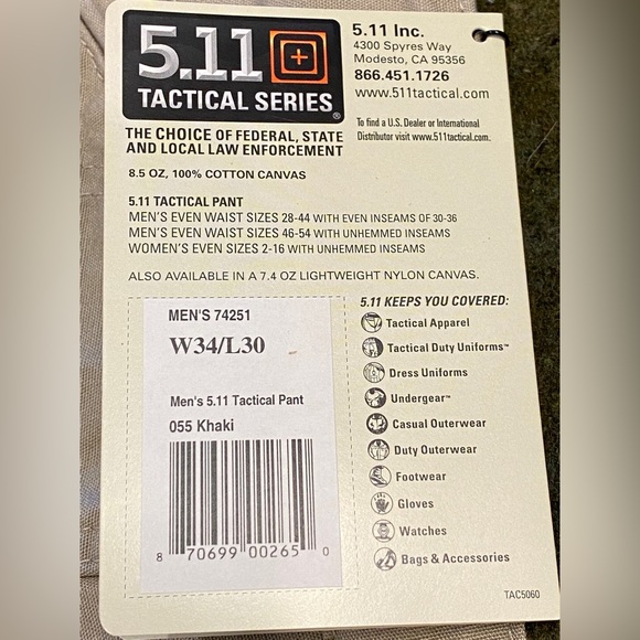 NEW 5.11 Tactical Pants, Men’s 34 Waist 30 Inseam, Khaki color - Picture 6 of 9